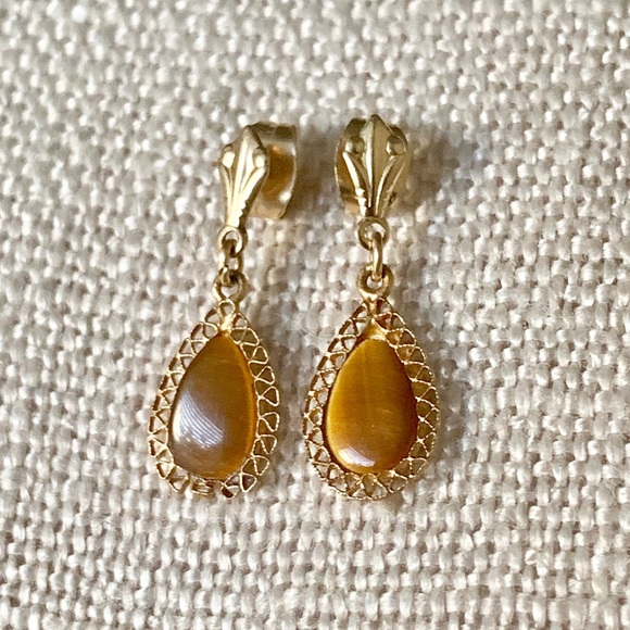 Yellow Genuine Tigers Eye Oval Stud Earrings for Woman